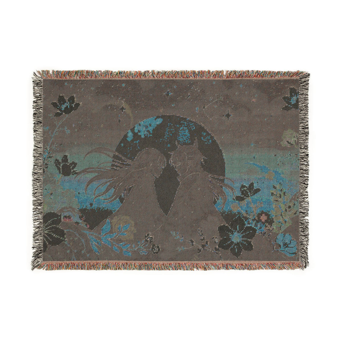Romantic Couple Under Moon Woven Blanket – Celestial Floral Tapestry Throw