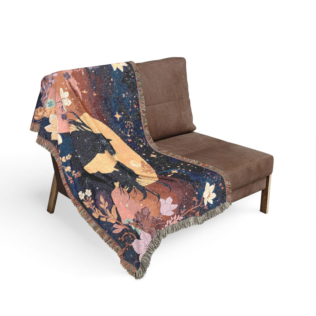 Romantic Couple Under Moon Woven Blanket – Celestial Floral Tapestry Throw
