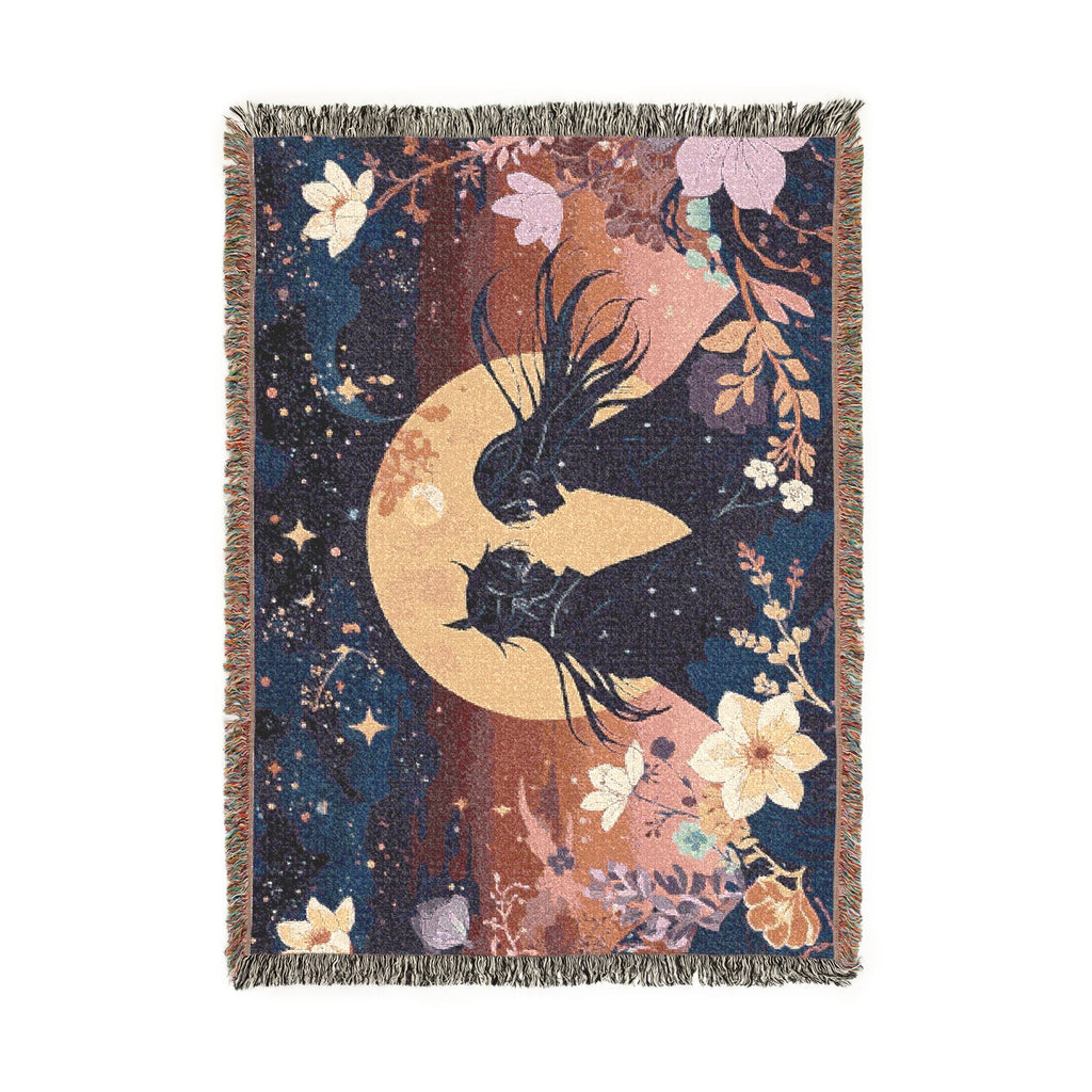 Romantic Couple Under Moon Woven Blanket – Celestial Floral Tapestry Throw