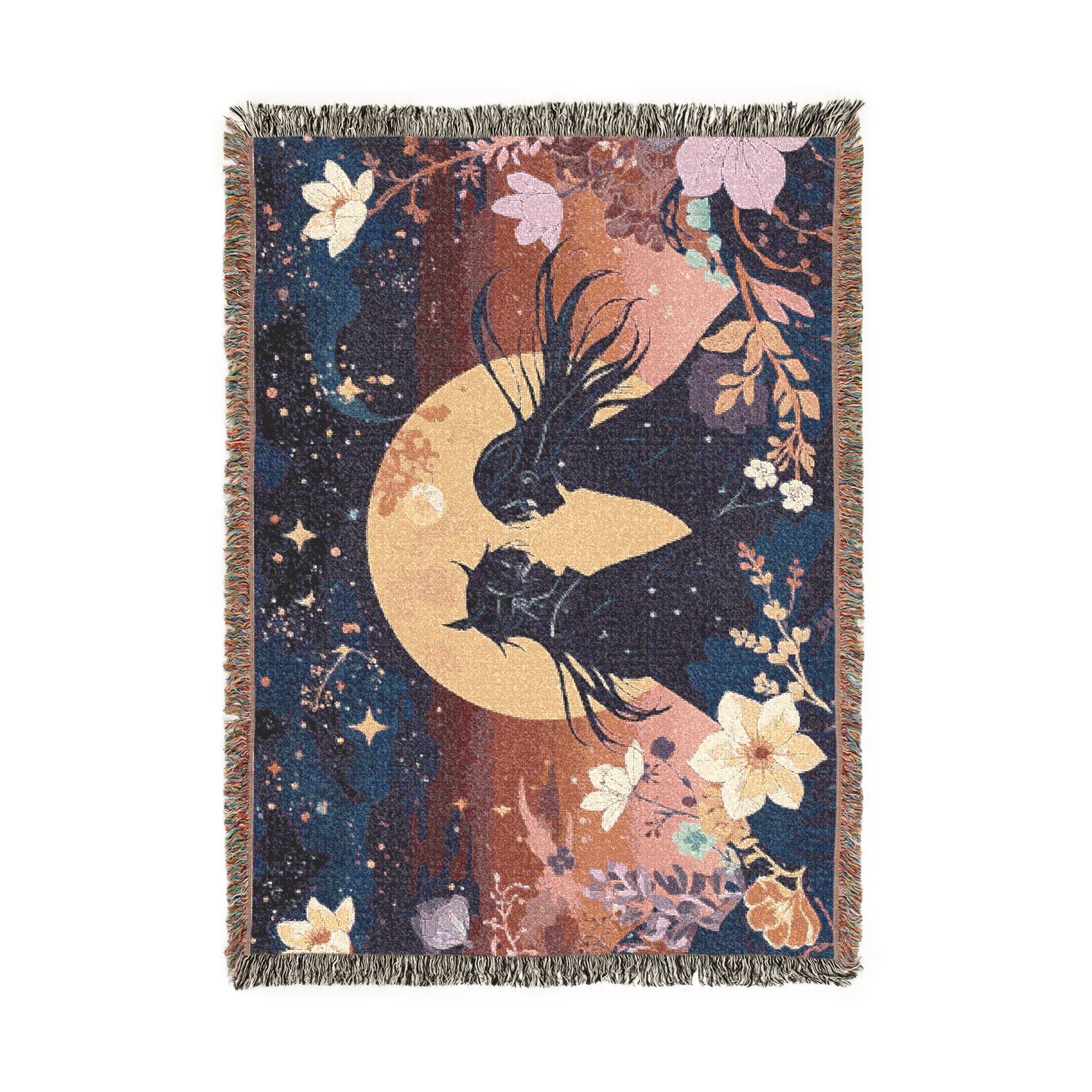 Romantic Couple Under Moon Woven Blanket – Celestial Floral Tapestry Throw