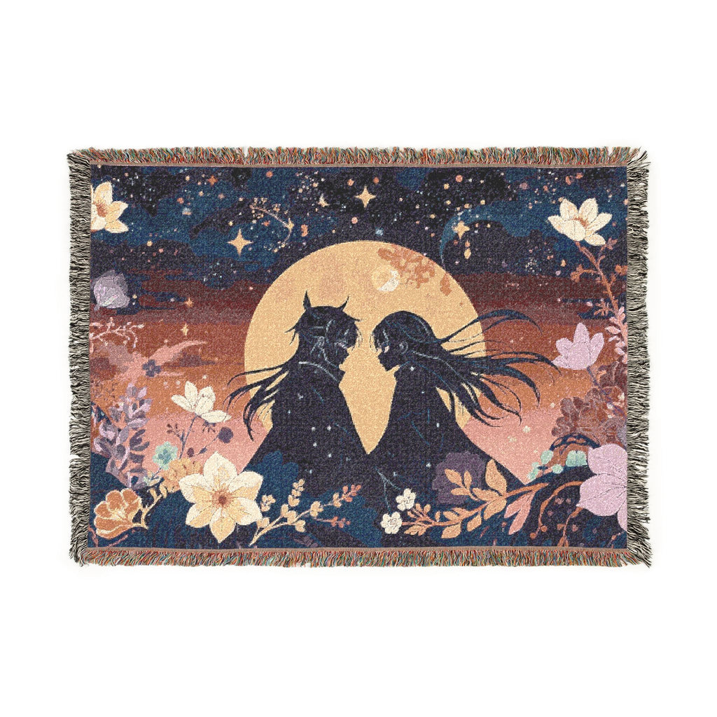 Romantic Couple Under Moon Woven Blanket – Celestial Floral Tapestry Throw
