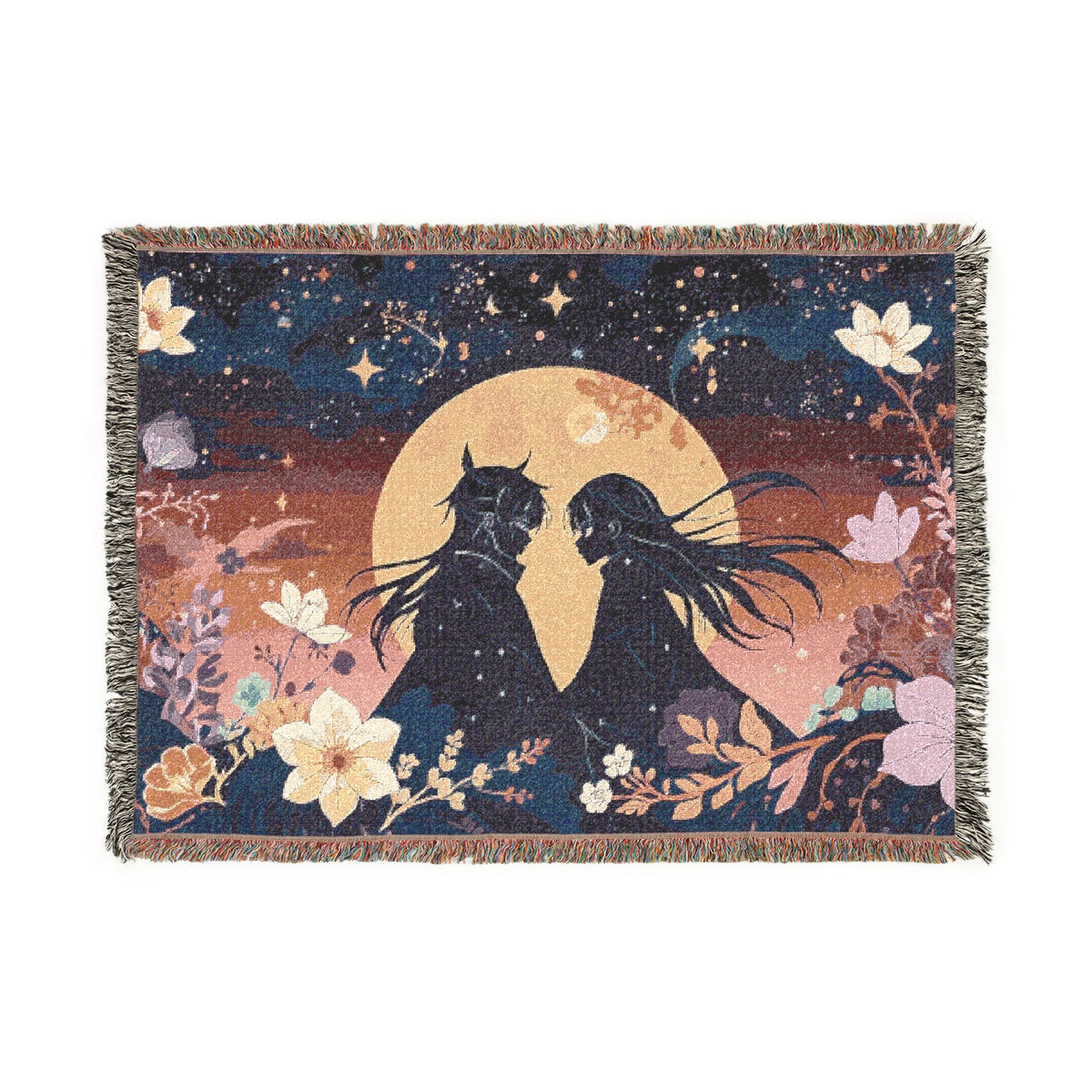 Romantic Couple Under Moon Woven Blanket – Celestial Floral Tapestry Throw